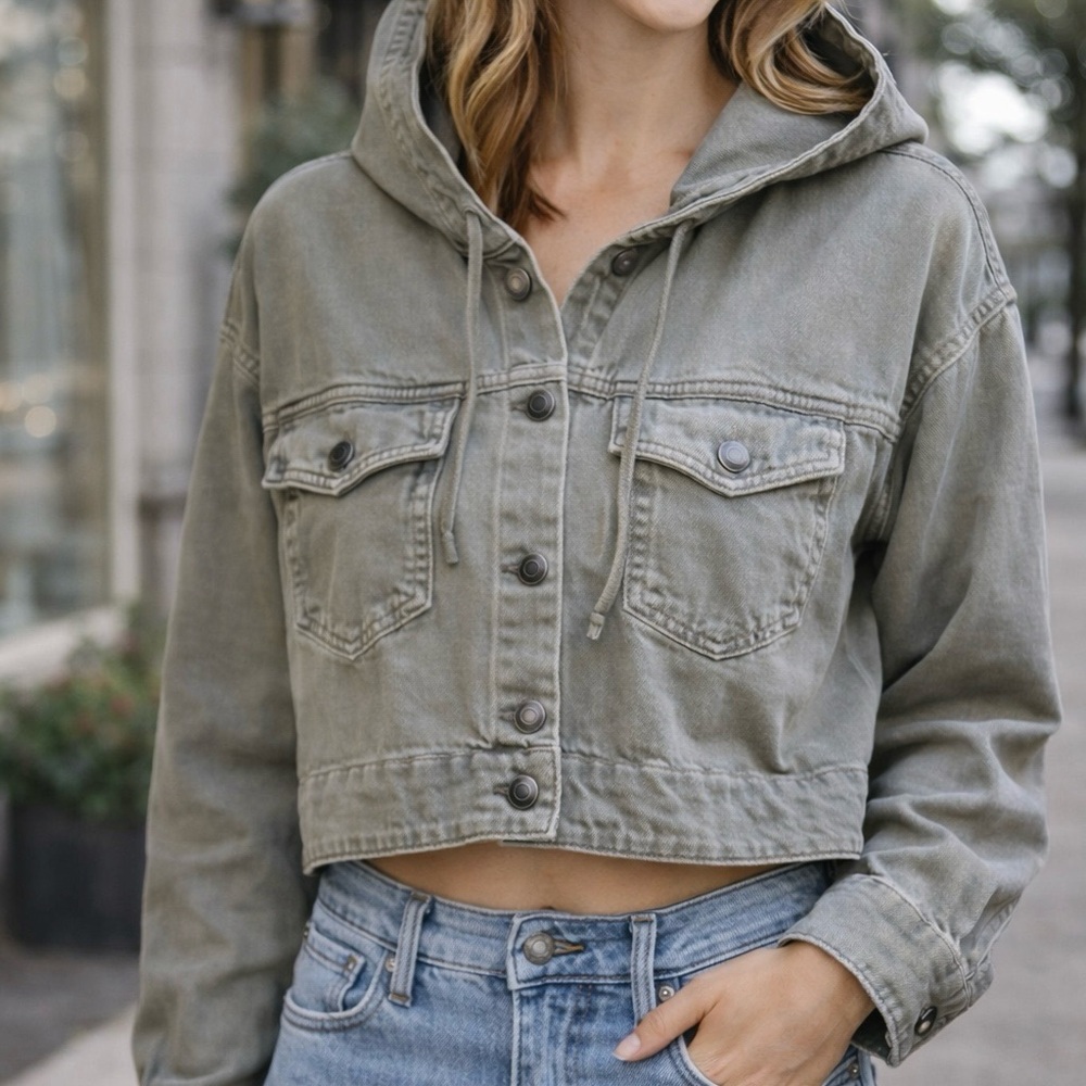 Zara Hooded Denim Jacket Cropped faded green Small